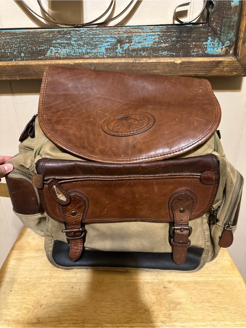 Canvas Backpack with Brown Leather Trim - Tan Canvas